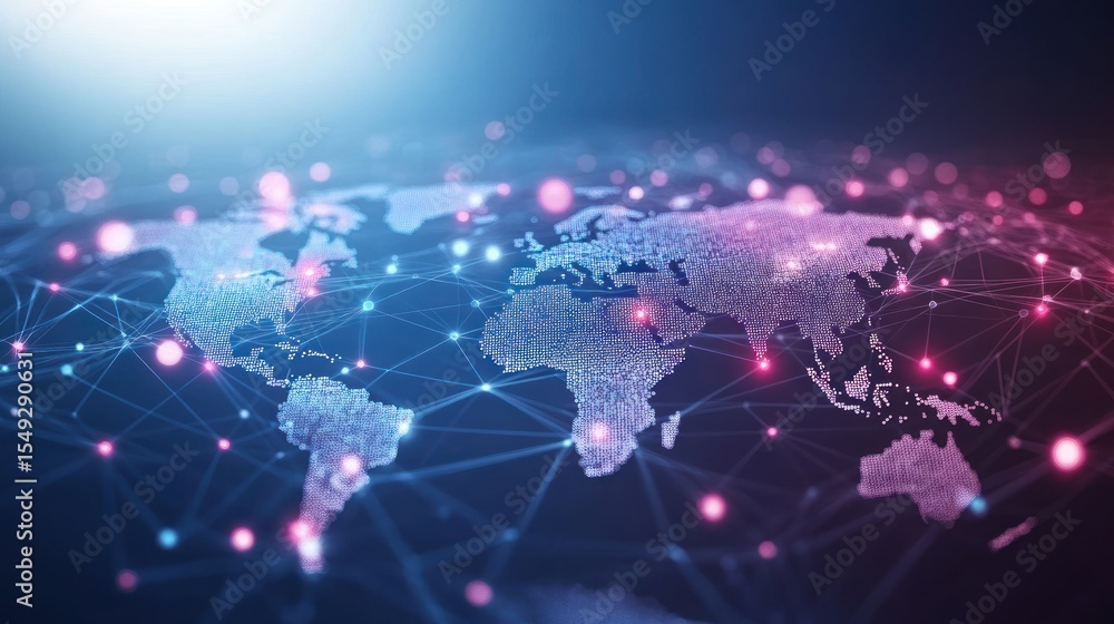 Poster global connectivity network with world map for data transfer visualization