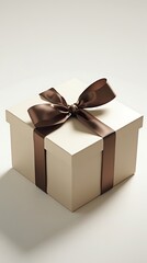 Obraz premium Beige gift box with brown ribbon bow isolated on white background
