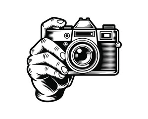 camera illustration, retro style hand holding classic photo camera isolated on white background representing photography nostalgia and analog creative culture.