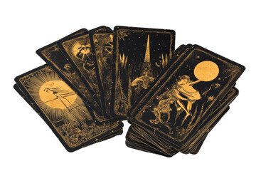 Vintage tarot cards spread with mystical illustrations isolated on transparent png