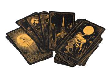 Vintage tarot cards spread with mystical illustrations isolated on transparent png