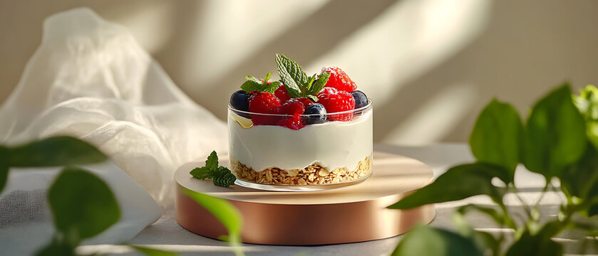 Fresh Berry Topped Yogurt Parfait with Granola and Mint Leaves