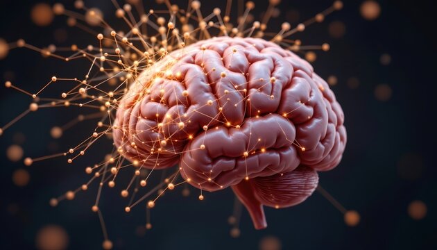stock photo, 3d render of a human brain with a glowing network spreading from the temporal lobe, concept for memory and learning, sharp focus, with absolutely no text, no logos, no letters, no words