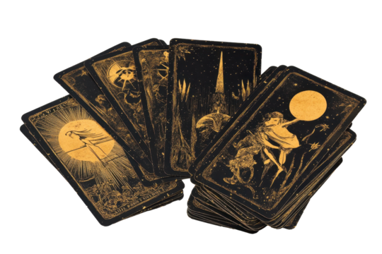 Vintage tarot cards spread with mystical illustrations isolated on transparent png