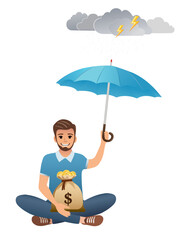 Man holding umbrella over money bag while sitting under storm clouds. Concept of financial protection, wealth security, investment safety, and personal finance risk management.
