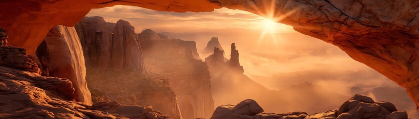 Dramatic sunrise through a rock arch, showcasing a misty mountain range.