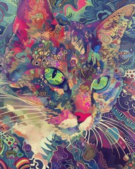 Majestic Cat Vibrant Pointillism Style