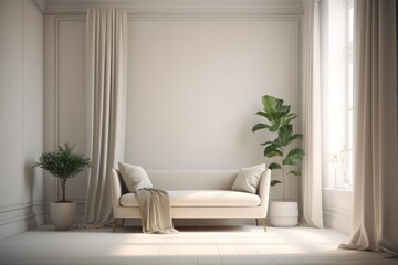 Minimalist white wall with sofa, window curtain, and potted plant against light beige background – ultra-high-definition interior design with 'poetic' text overlay