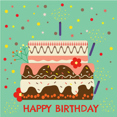 Cheerful happy birthday celebration with cake, confetti, and colorful decoration, celebrating a special milestone event