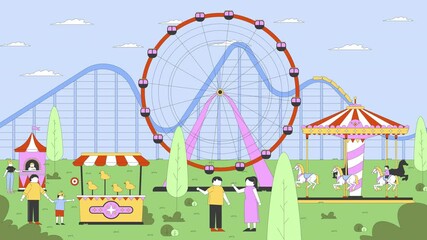 Funfair amusement park 2D cartoon animation. Fairground attractions. Carnival rides, rollercoaster, ferris wheel. Visitors with children animated flat characters 4K video background scene storytelling - Powered by Adobe