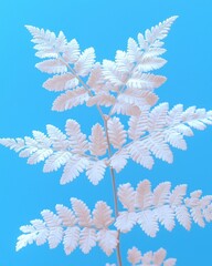 Close-up of a stylized,  pale white fern against a vibrant light blue background.  Detailed, feathery fronds