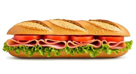 Baguette sandwich with ham isolated on white