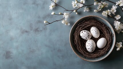 Celebrate the charm of spring with beautifully decorated eggs nestled in a rustic bowl, surrounded by delicate blossoms that symbolize renewal and hope.