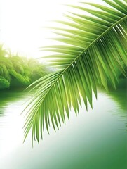 Lush Green Palm Leaf Over Serene Water with Soft Light Reflection
