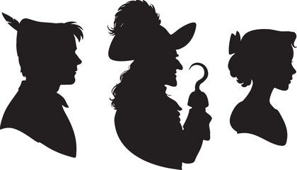 Fantasy characters silhouette. Fairy Boy, Pirate and Woman. Captain with a hook. Classic Literature. Silhouettes of Fantasy Adventure Characters. Shadow Figures from a Classic Magical Tale