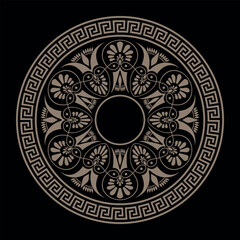 Greek round pattern on a black background. Patterns of Ancient Greece, ancient Rome Empire. Greek key meanders pattern. Greek circle ornament. Typical egyptian, assyrian motives, circle border. Vector