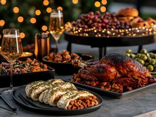 Festive Holiday Meal with Roasted Turkey and Glimmering Decor