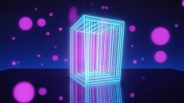 Glowing 3D Wireframe Cube in Neon Blue and Pink Lights with Abstract Sci-Fi Background