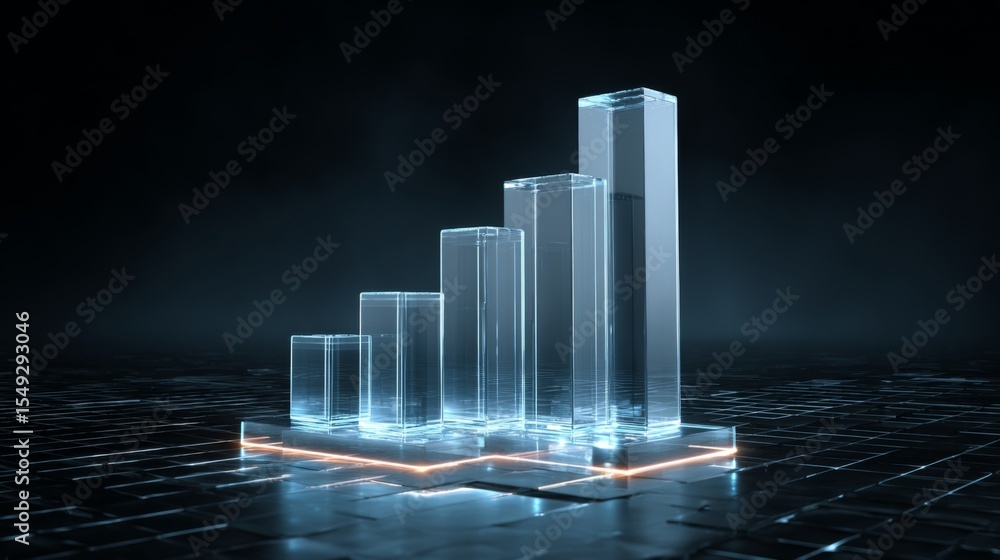 Aufkleber D bar graph with transparent bars on a digital grid, glowing neon lines on the base, creating a high-tech and futuristic data visual