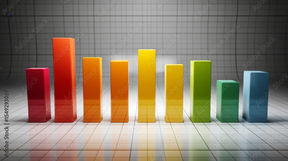 Aufkleber d bar graph with gradient color bars emerging from a base grid, with subtle shadows and reflections 