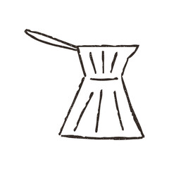 Turkish coffe coffee pot, hand drawn doodle, vector illustration isolated on white background. Outline sketch style with grunge vintage texture. Cafe and kitchen concepts.