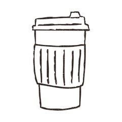 Paper cup for take away coffee or tea, hand drawn doodle, vector illustration isolated on white background. Outline sketch style with grunge vintage texture. To go beverage, cafe concept.