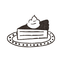 Pumpkin pie slice on plate, hand drawn doodle, vector illustration isolated on white background. Outline sketch style with grunge vintage texture. Sweet baked pie, cafe concept.