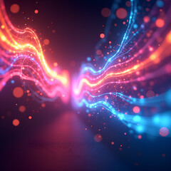 Fototapeta premium Energetic streaks of light in pastel pink, bright cyan, and bright amber radiate from the middle of a dark void, producing a mesmerizing display of flowing, radiant electricity