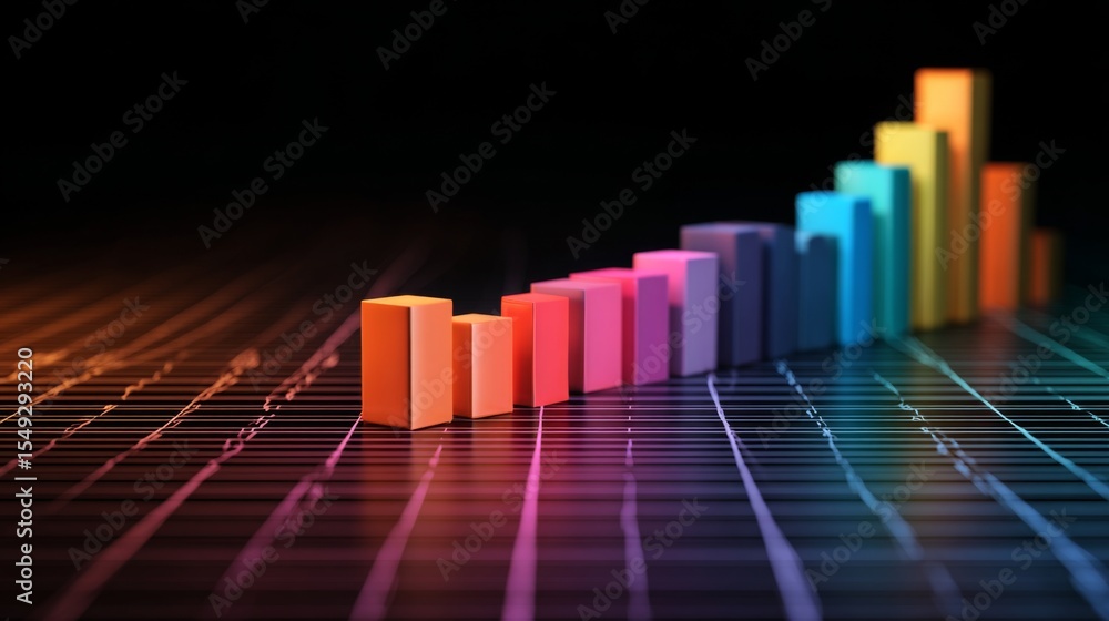 Poster Abstract D bar graph emerging from a digital grid, with dynamic lighting effects, illustrating growth and change in data visually.