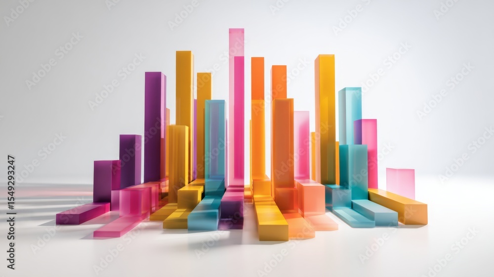Poster Abstract D bar graph with geometric shapes and bright colors, casting soft shadows on a white background, showcasing a dynamic representation of data.