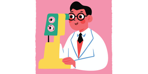A smiling scientist wearing glasses examines a microscope with focused enthusiasm, dressed in a lab coat, exploring the realms of science and discovery.