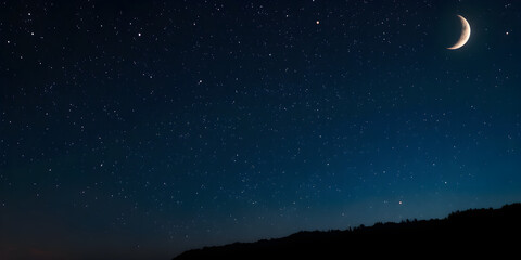 Naklejka premium A magical night sky with glowing stars and a crescent moon, ample copy space