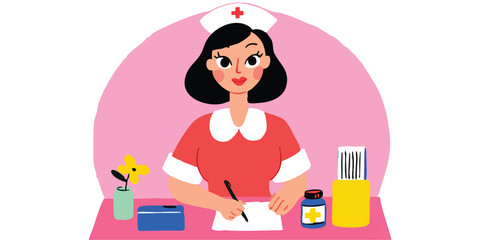 An illustration of a kind nurse at her desk, meticulously documenting medical information, offering a touch of vintage charm with a touch of modern sensibility.