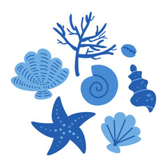 
Card with Blue Seashells drawing vector illustration nautical motif. Boho style background with conches. Symbol for beach, sea, seafood, summer. Design for postcard, wallpaper, template, poster
