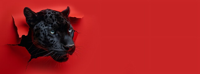 Black panther looking through a torn hole in red paper. Hide and seek. Black Friday. Red festive banner with space for text.