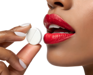 Close-up of a young African woman with red lips holding a white pill near her mouth. The background is transparent, emphasizing the subject.