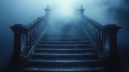 Fototapeta premium Mysterious Staircase Ascending into the Fog, Leading to the Unknown