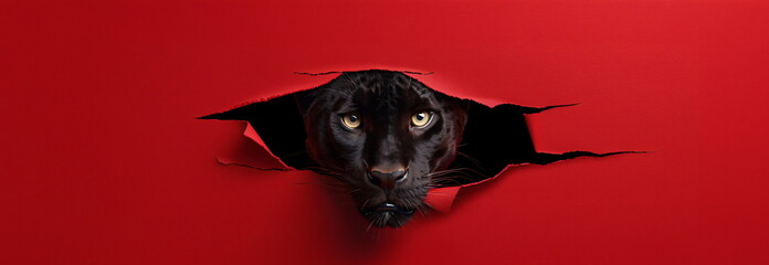 Black panther looking through a torn hole in red paper. Hide and seek. Black Friday. Red festive banner with space for text.