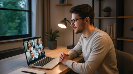 Young man attending virtual meeting on laptop at cozy home office desk, communicating with diverse colleagues via video call. Evening remote work setup.