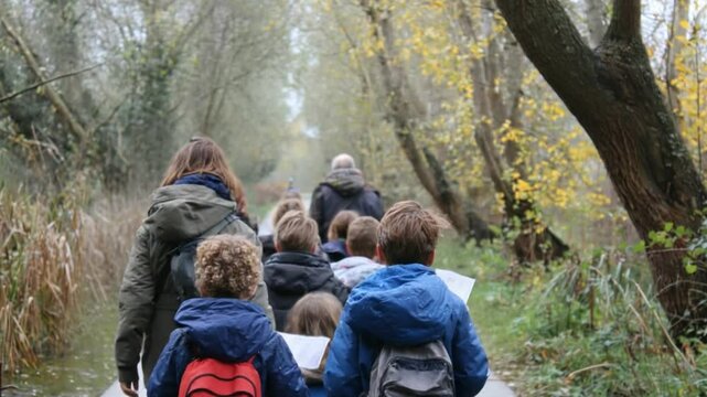 Children's Adventure in Nature: A group of children and adults embarks on an outdoor adventure, exploring a lush trail surrounded by trees, and enjoying the serene ambiance of the outdoors.