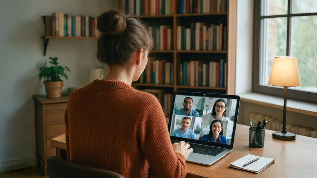 Young woman working remotely from home office and having a video call on laptop with four diverse colleagues. Online teamwork and communication.