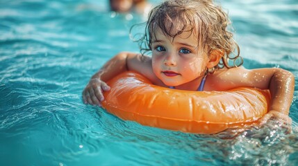 Child learning to swim with a float during a summer vacation at the sea