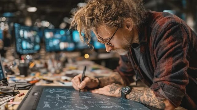 Creative Vision: Focused male animator sketching digitally on a tablet, infused with passion and modern style, blurring background revealing creative workspace.