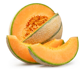 Cantaloupe melon with melon slices isolated on white background. File contains clipping path.