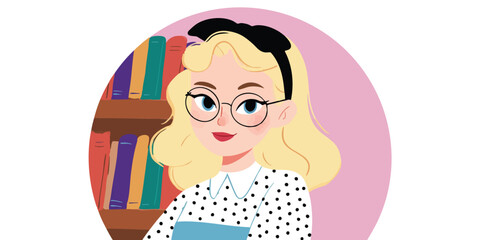A charming illustration of a young woman with blonde hair, wearing glasses and a polka dot dress, standing near a bookshelf filled with books.