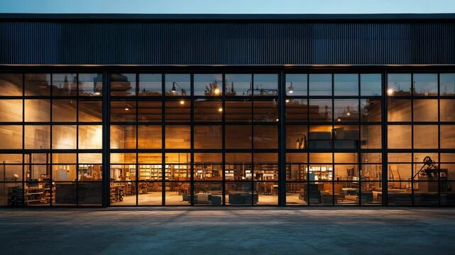 urban industrial exterior of renovated warehouse with large steel windows evening light highlighting raw materials no people highlighting textures and shadows