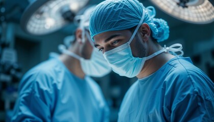 Surgeons in blue scrubs and masks performing operation in a sterile operating room