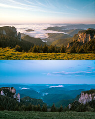 Collage of two photos from the same angle, one taken in the morning at sunrise, the other in the evening after sunset. Day and night concept. Ceahlau National Park Romania view from top.