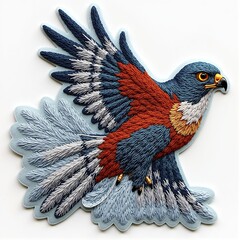 Majestic bird of prey soars with intricately detailed feathers in a vivid, textile art style.