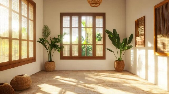 Warm-toned interior with sandstone tiles, wood-framed windows, subtle woven lighting, and sunshine casting gentle shadows